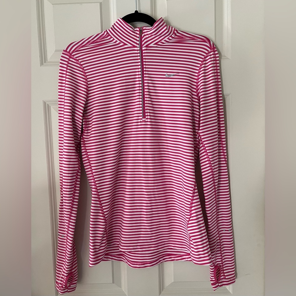 NIKE Womens Running Top Element Stripe 1/4 Zip Small Pink White Long Sleeve S